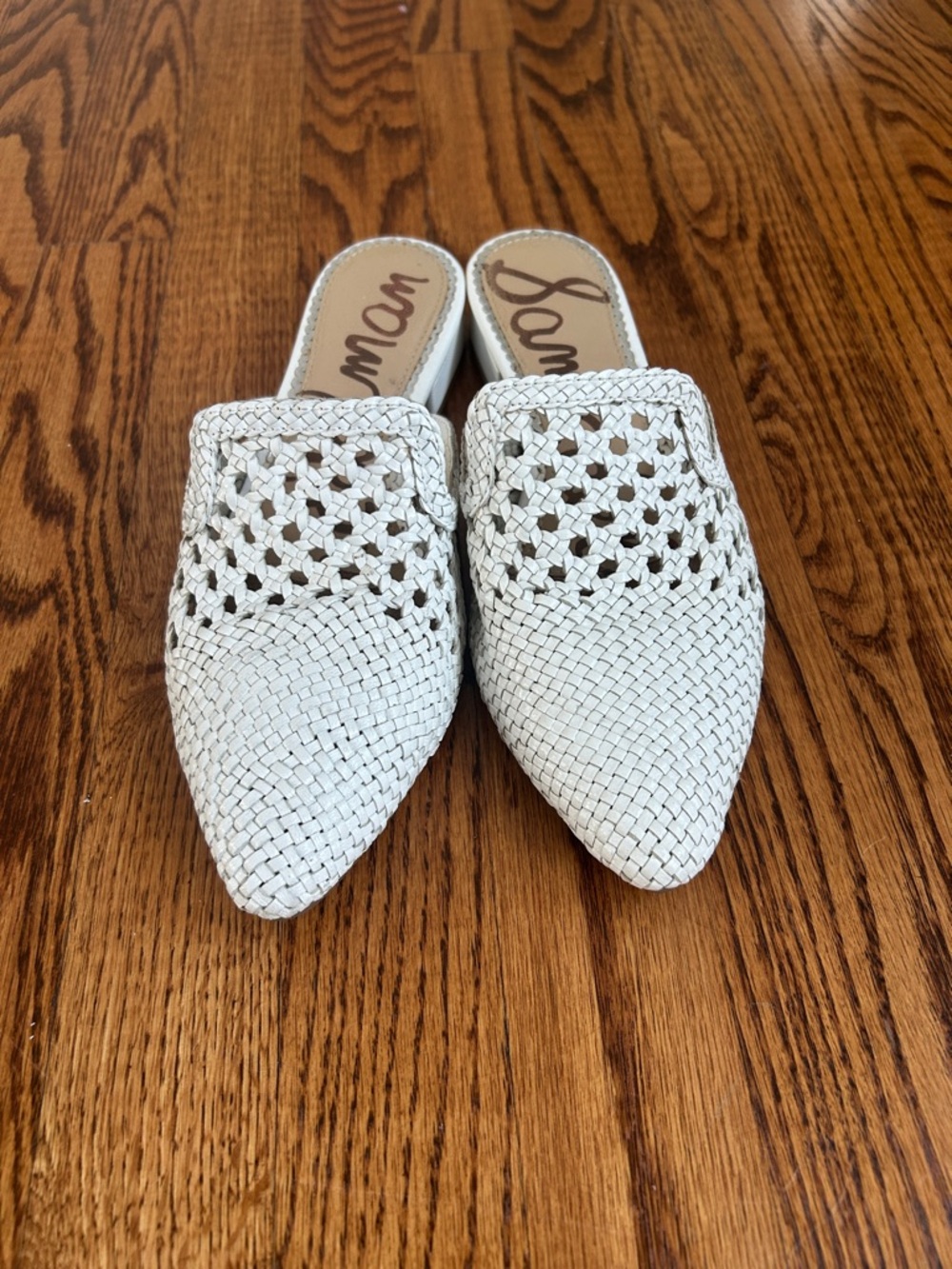 Sam Edelman Clara White Woven Pointed Mules